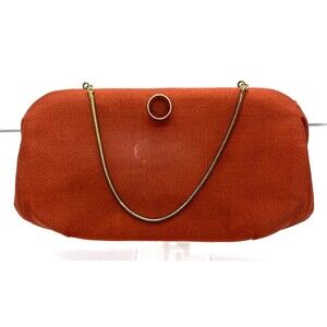 Vintage Saks Fifth Avenue Orangey Brown fabric clutch handbag w chain handle